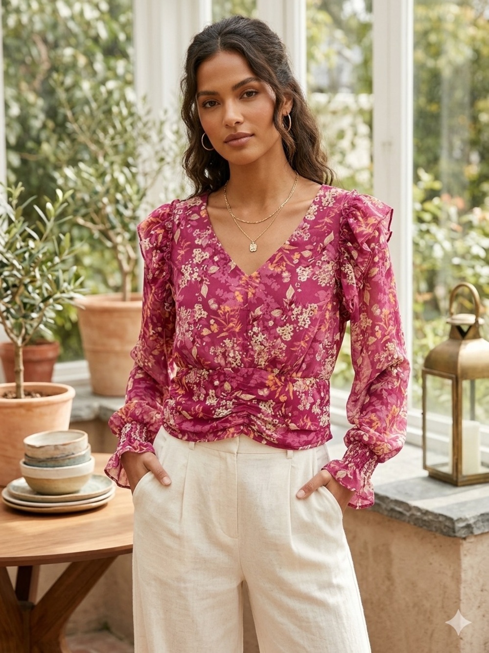 🍁Ultra Pink Berry Floral Ruffled V-Neck Blouse🍁
